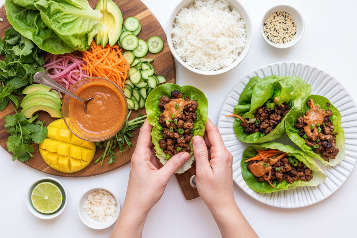 Whole30 Crispy Pork Lettuce Wraps Sriracha Almond Butter