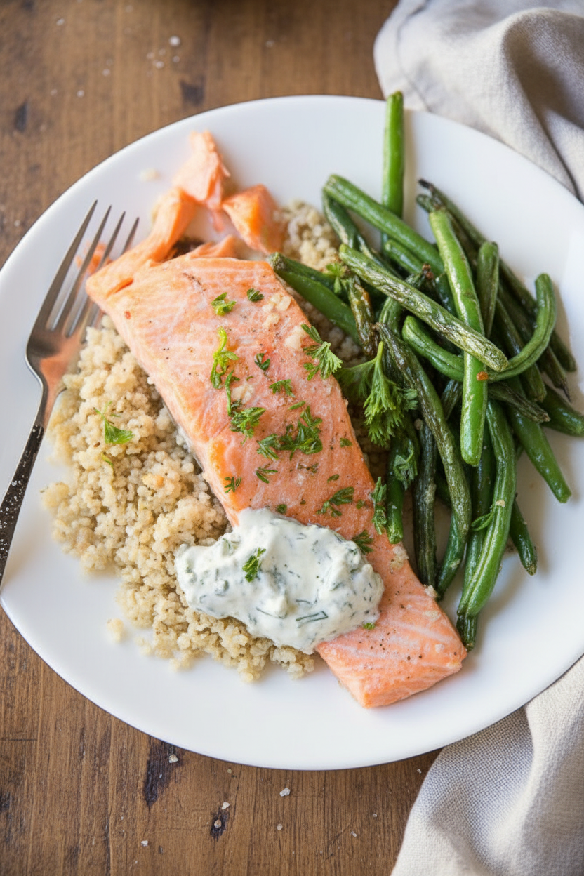 Whole30 Sheetpan Salmon with Cauliflower Rice, Green Beans, and Creamy Honey Mustard Sauce | Caroline Chambers