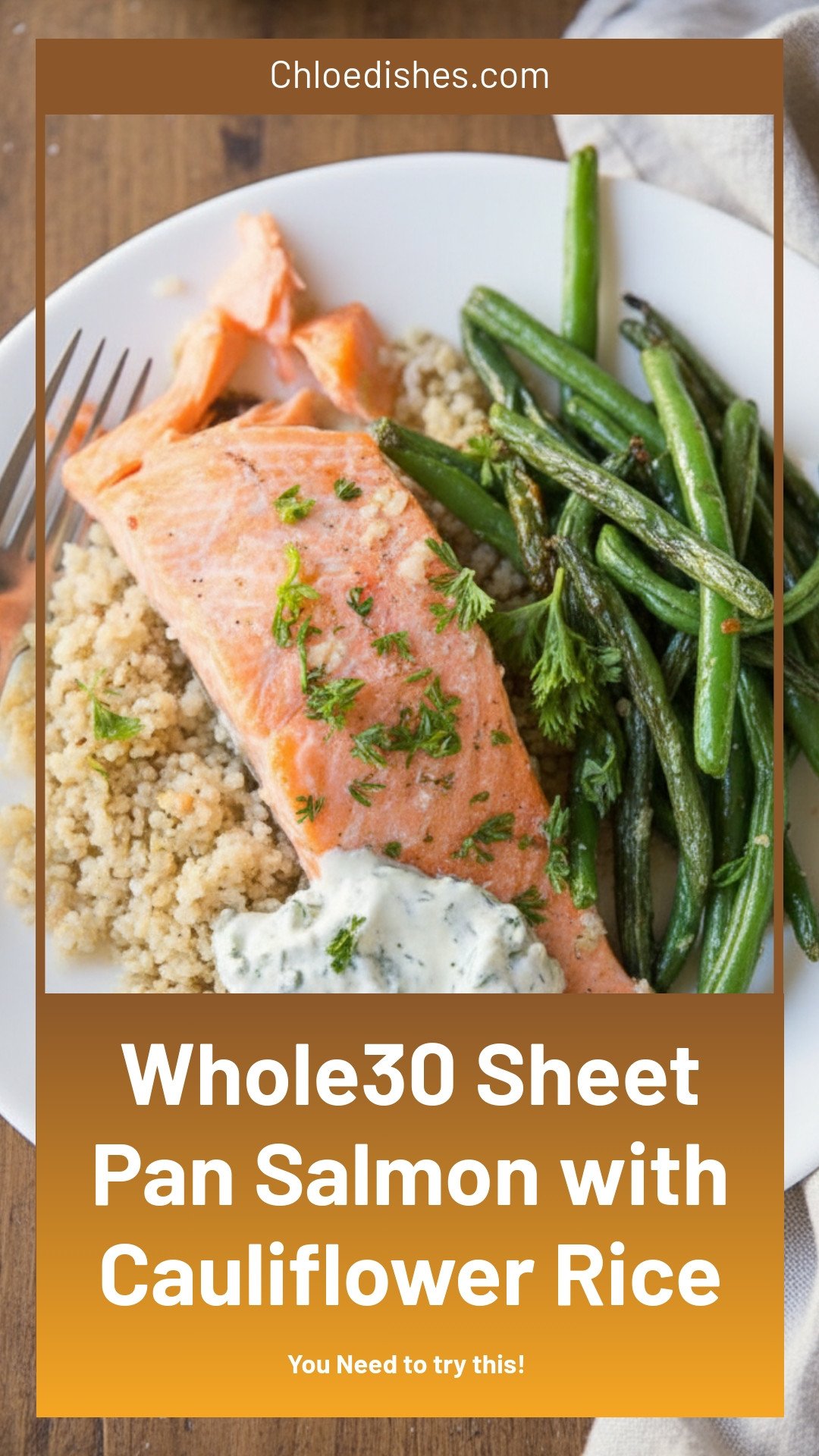 Whole30 Sheetpan Salmon with Cauliflower Rice, Green Beans, and Creamy Honey Mustard Sauce | Caroline Chambers